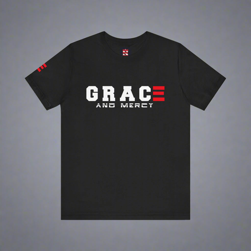 Black t-shirt with 'GRACE AND MERCY' text on a white background