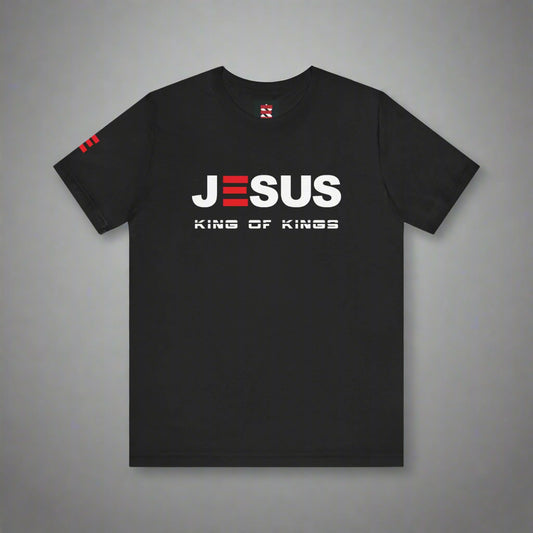 Black t-shirt with 'JESUS KING OF KINGS' text on a gray background