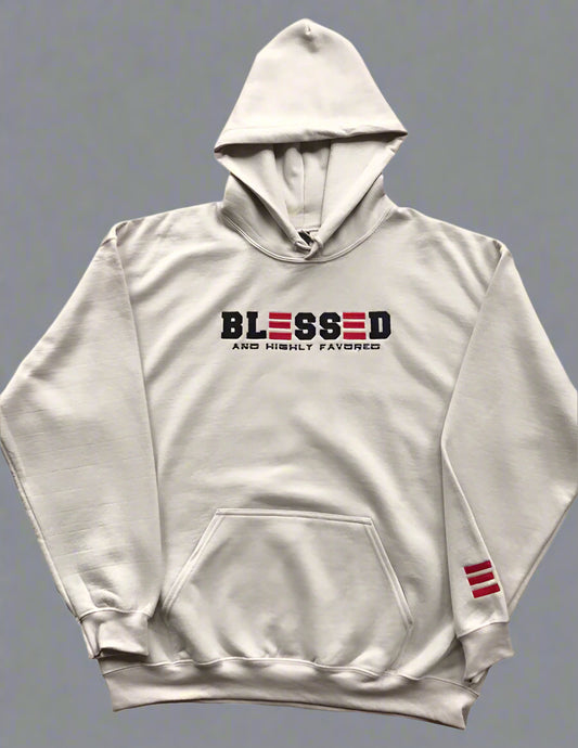 Beige hoodie with 'BLESSED AND HIGHLY FAVORED' text on a white background