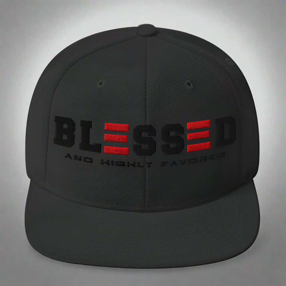 Black cap with 'BLESSED AND HIGHTLY FAVORED' text on a white background