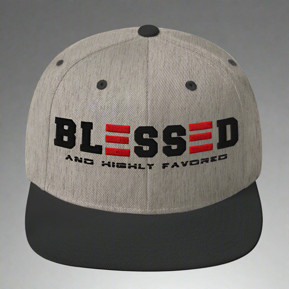 Heather Black cap with 'BLESSED AND HIGHTLY FAVORED' text on a white background
