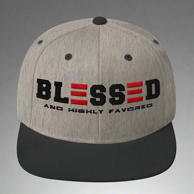 Heather Black cap with 'BLESSED AND HIGHTLY FAVORED' text on a white background