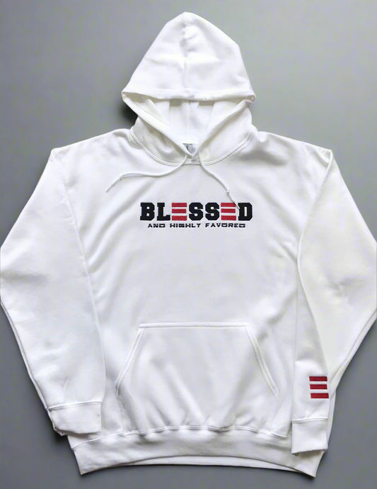 White hoodie with 'BLESSED AND HIGHLY FAVORED' text on a white background