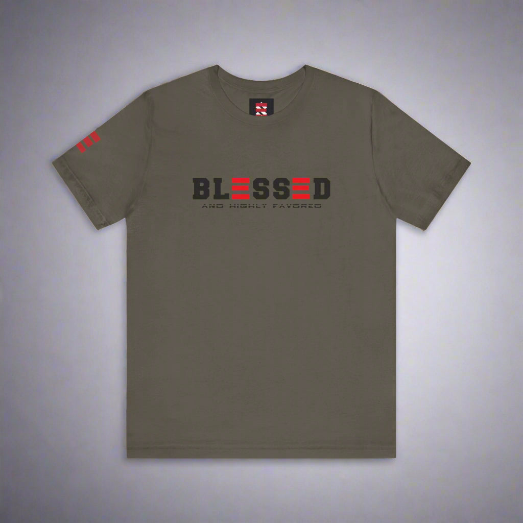 Brown t-shirt with 'BLESSED' text on a gray background