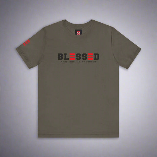 Brown t-shirt with 'BLESSED' text on a gray background