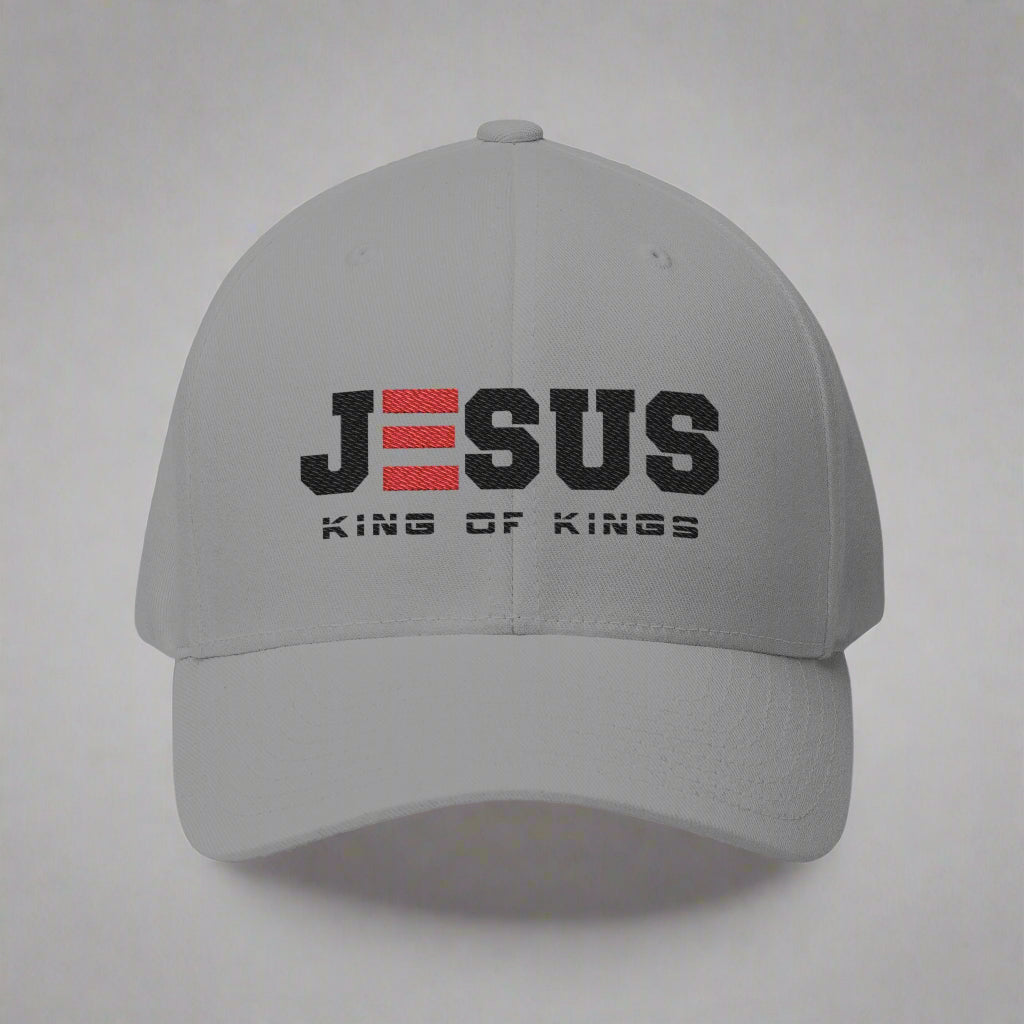 Gray cap with 'Jesus King of Kings' text on a grey background