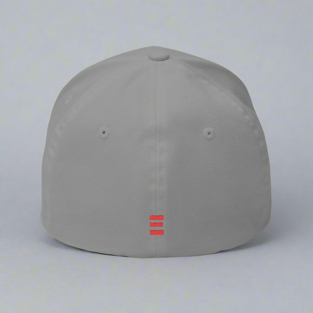 Gray cap with a red logo on a gray background