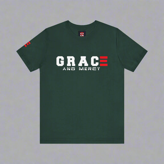 Green t-shirt with 'GRACE AND MERCY' text on a white background
