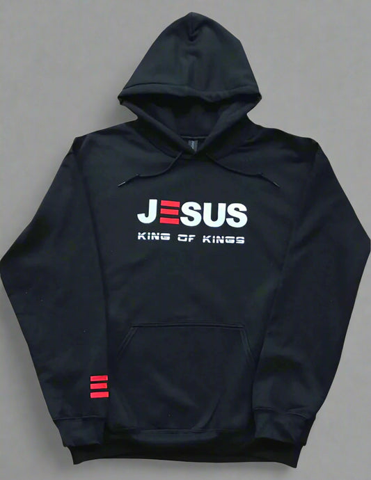 Black hoodie with 'Jesus King of Kings' text on a grey background