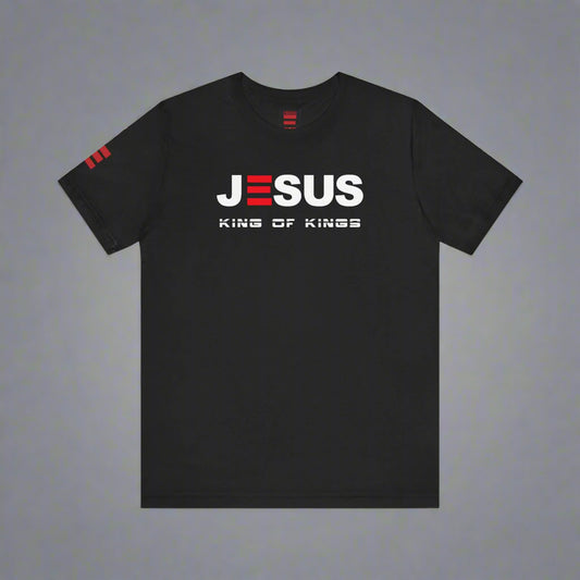 Black t-shirt with 'JESUS KING OF KINGS' text on a white background