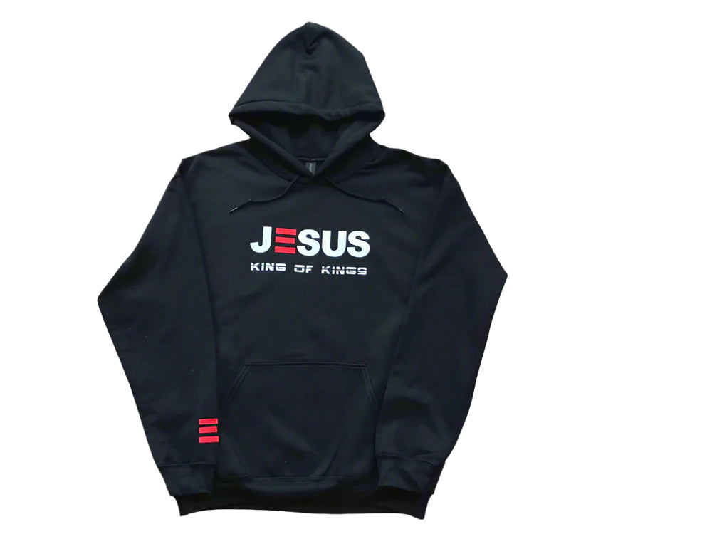 Black hoodie with 'JESUS KING OF KINGS' text qith gray background