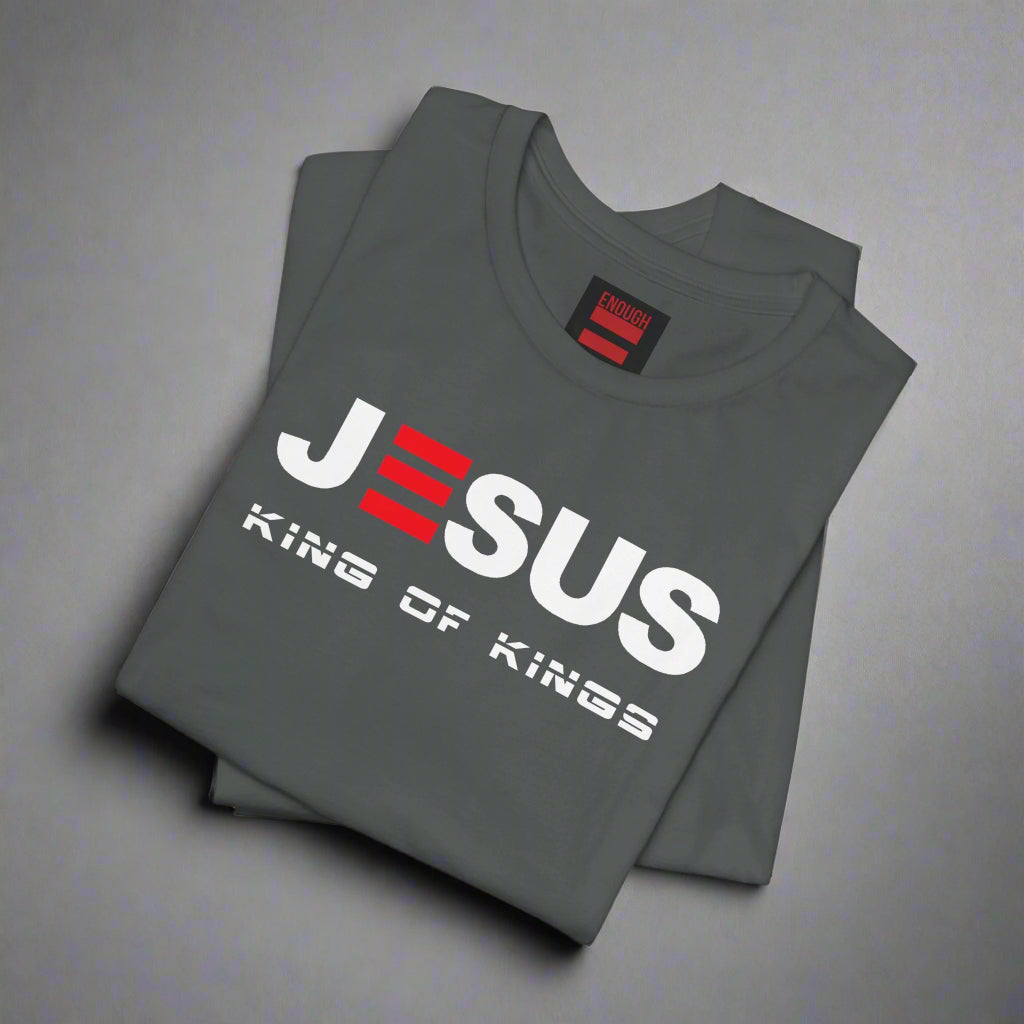 Gray t-shirt with 'Jesus King of Kings' text on a white background