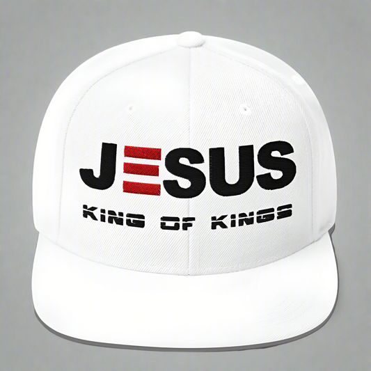 White cap with 'Jesus King of Kings' text on a white background