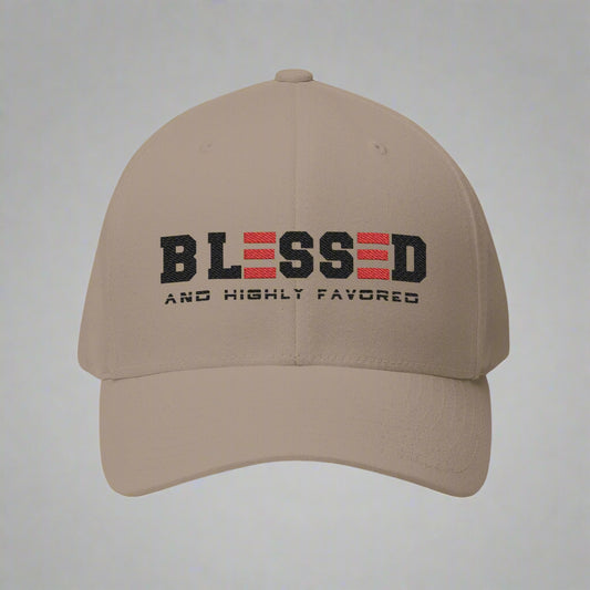 Khaki cap with 'BLESSED AND HIGHLY FAVORED' text on a grey background