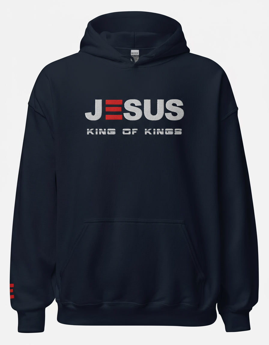 Navy blue hoodie with 'Jesus King of Kings' text on a gray background