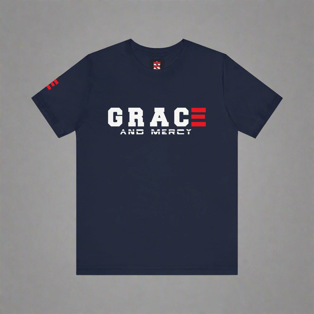Navy blue t-shirt with 'GRACE AND MERCY' text and red and white accents on a gray background