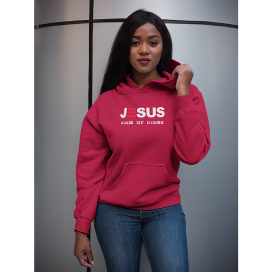 Person wearing a red hoodie with 'Jesus King of Kings' text against a gray background