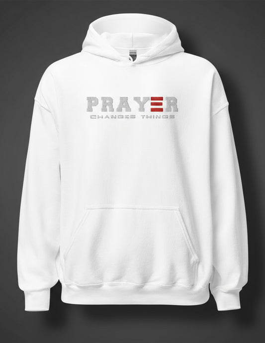 PRAYER CHANGES THINGS HOODIE WHITE EMBROIDERY