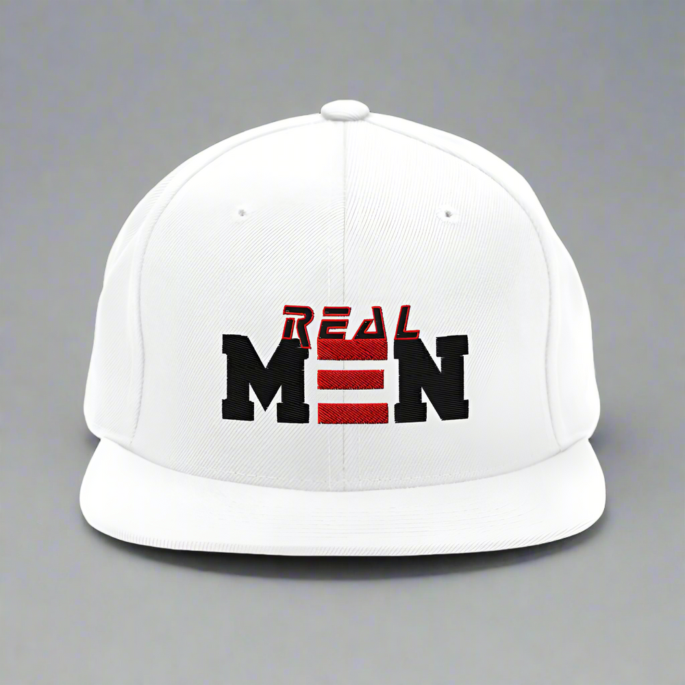 White cap with 'REAL MEN' text in black and red on a white background