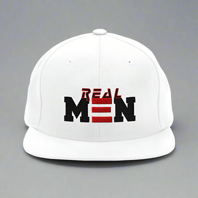White cap with 'REAL MEN' text in black and red on a white background