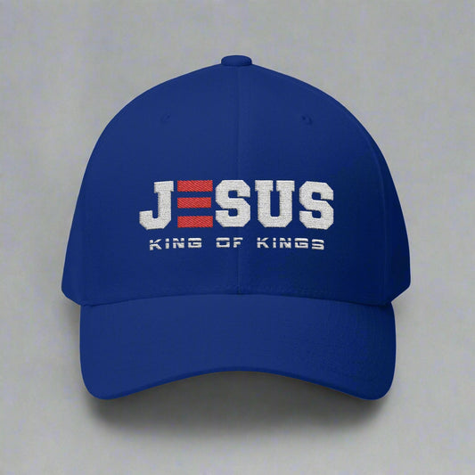 Royal Blue cap with 'Jesus King of Kings' text on a grey background