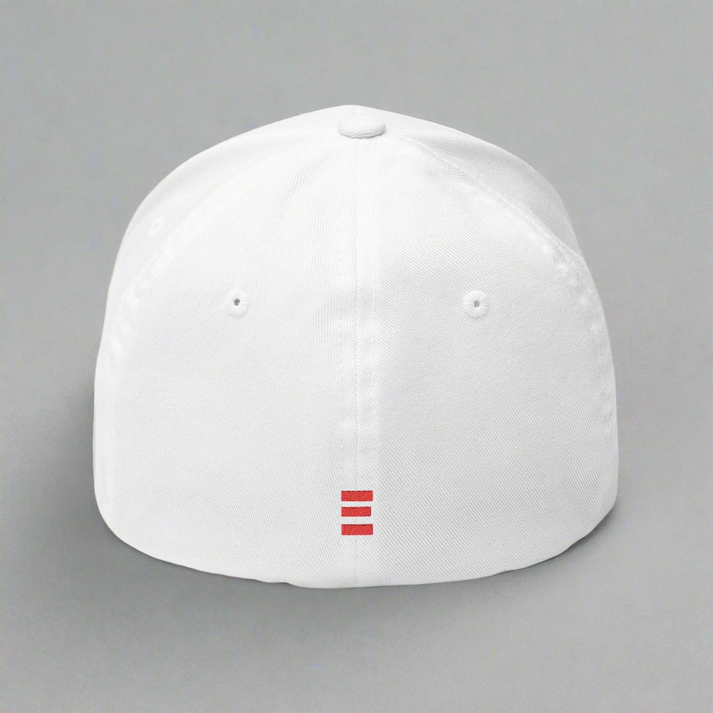 White baseball cap with a red logo on a gray background