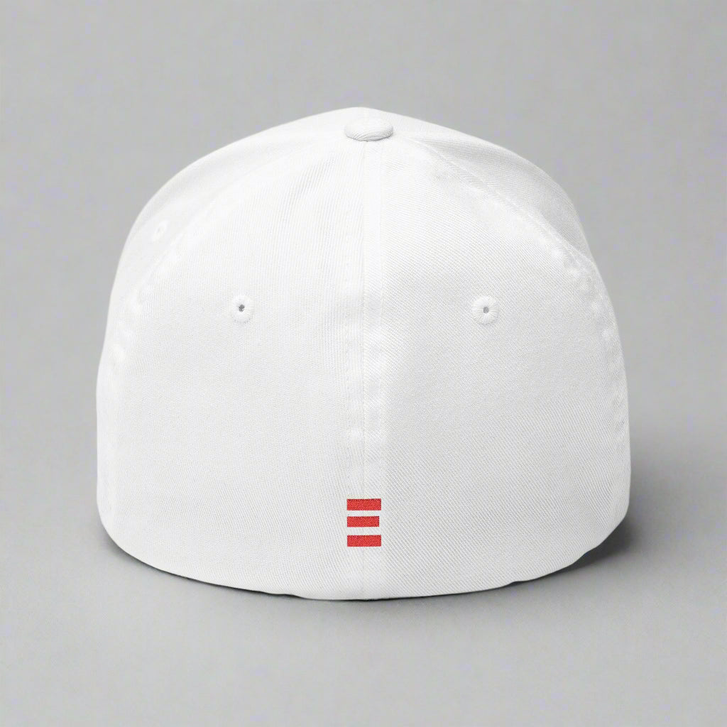 White baseball cap with a red logo on a grey background