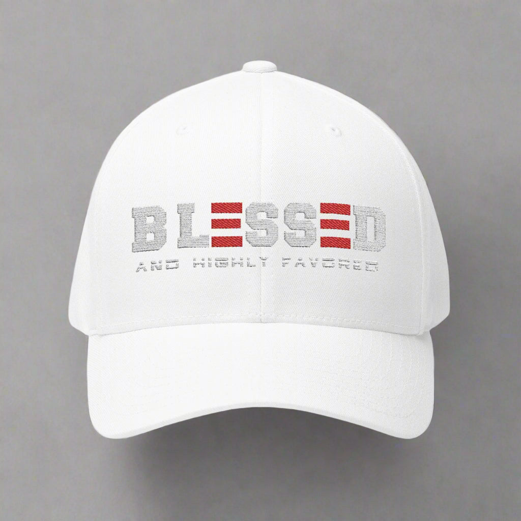 White cap with 'BLESSED AND HIGHLY FAVORED' text on a grey background