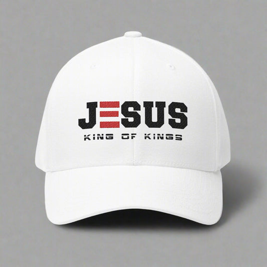 White cap with 'Jesus King of Kings' text on a gray background