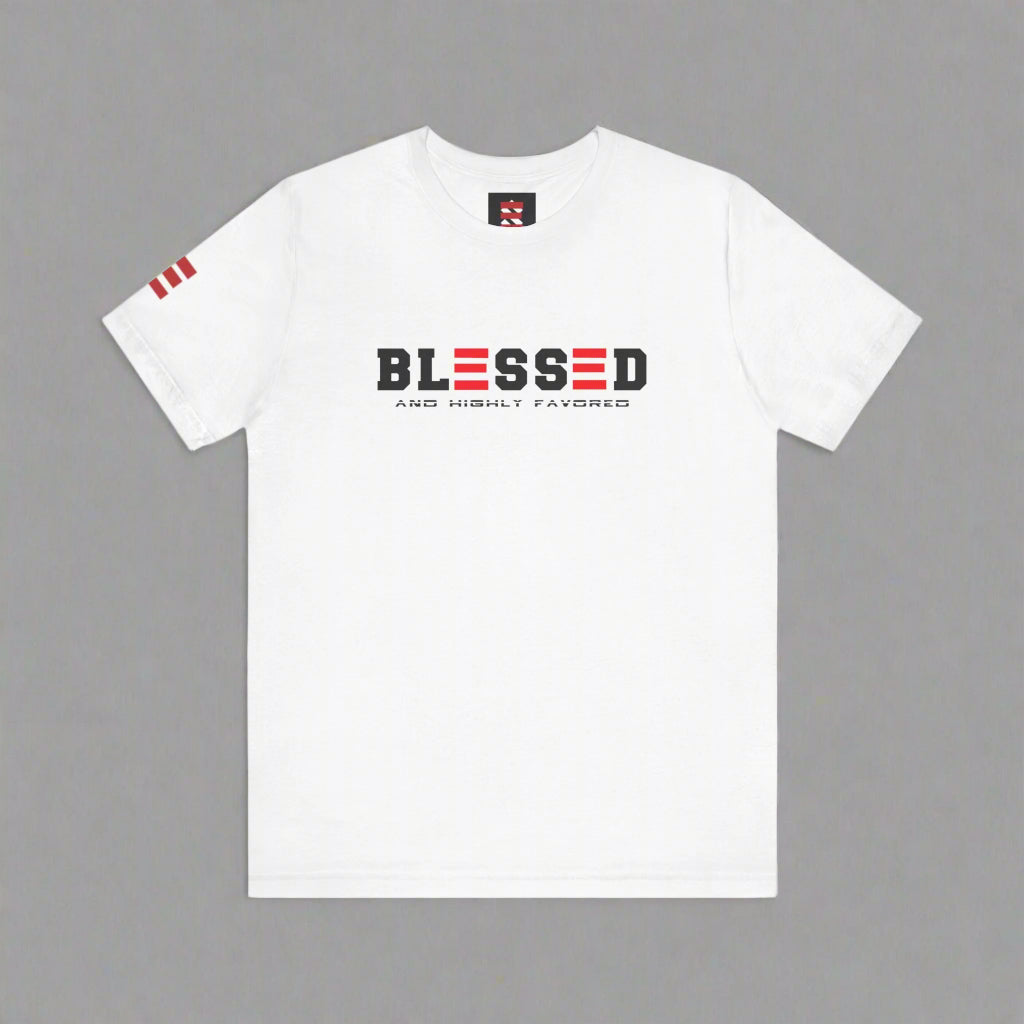 White t-shirt with 'BLESSED AND HIGHLY FAVORED' text on a gray background