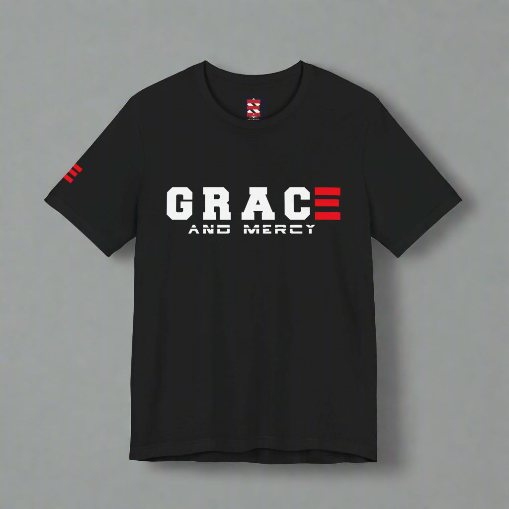 Navy blue t-shirt with 'GRACE AND MERCY' text and red and white accents on a gray background