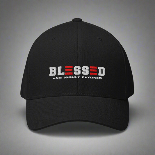Black cap with 'BLESSED AND HIGHLY FAVORED' text on a gray background