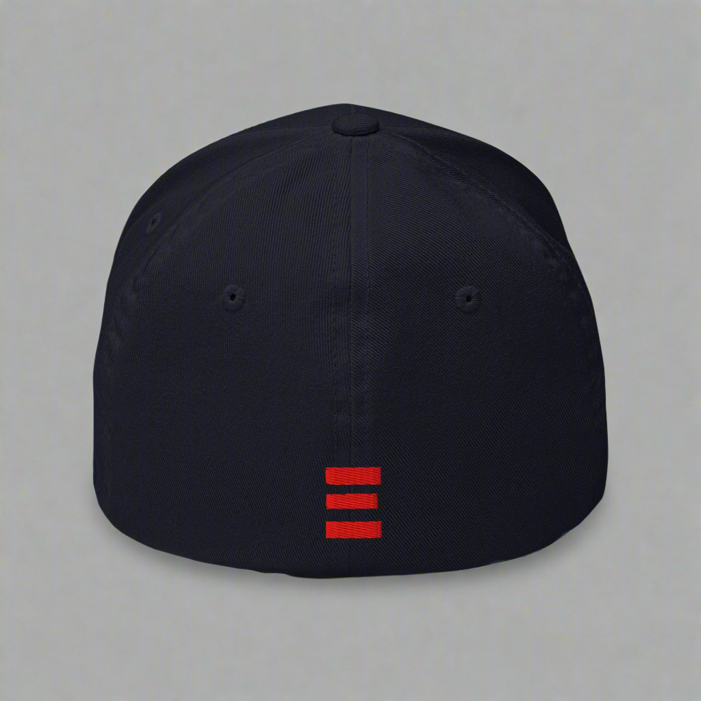 Black cap with red logo on a gray background