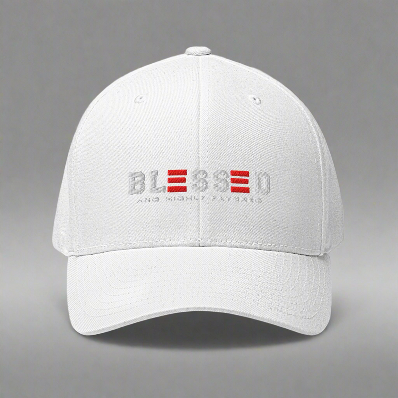White cap with 'BLESSED' text on a gray background