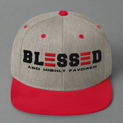 Heather Grey Red cap with 'BLESSED AND HIGHTLY FAVORED' text on a white background