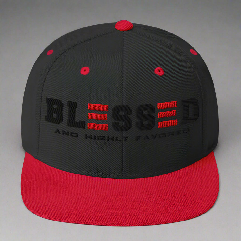 Black and Red cap with 'BLESSED AND HIGHTLY FAVORED' text on a white background
