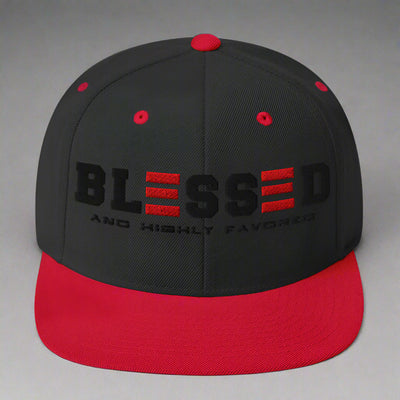 Black and Red cap with 'BLESSED AND HIGHTLY FAVORED' text on a white background