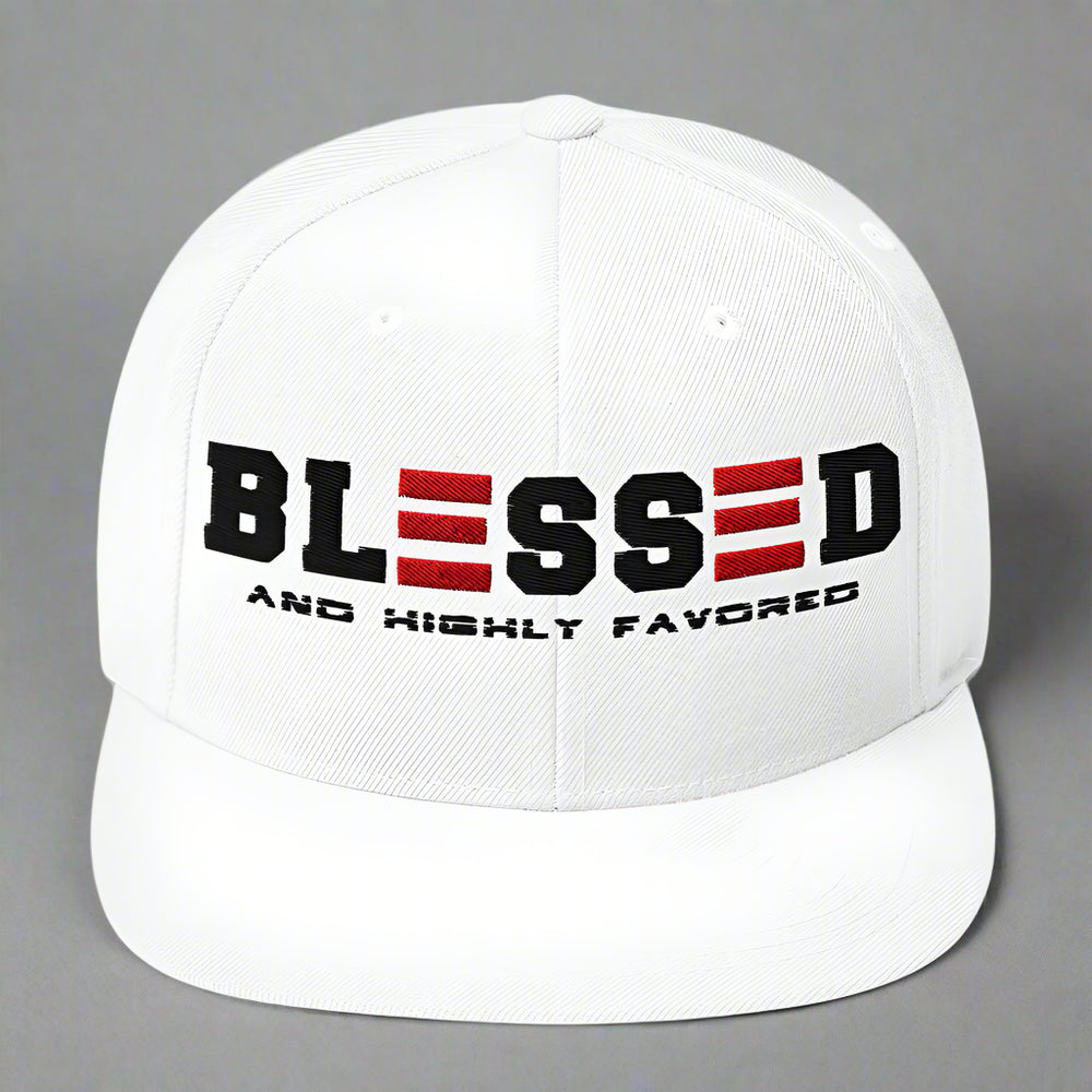 White cap with 'BLESSED AND HIGHTLY FAVORED' text on a white background
