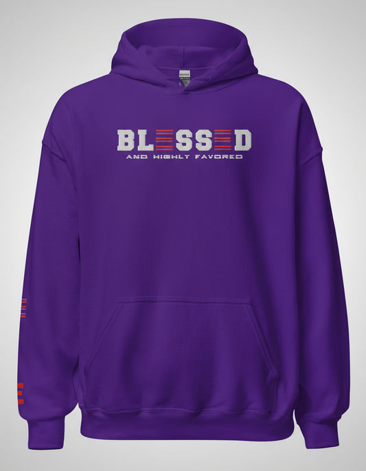 Purple hoodie with 'BLESSED AND HIGHLY FAVORED' text on a gray background
