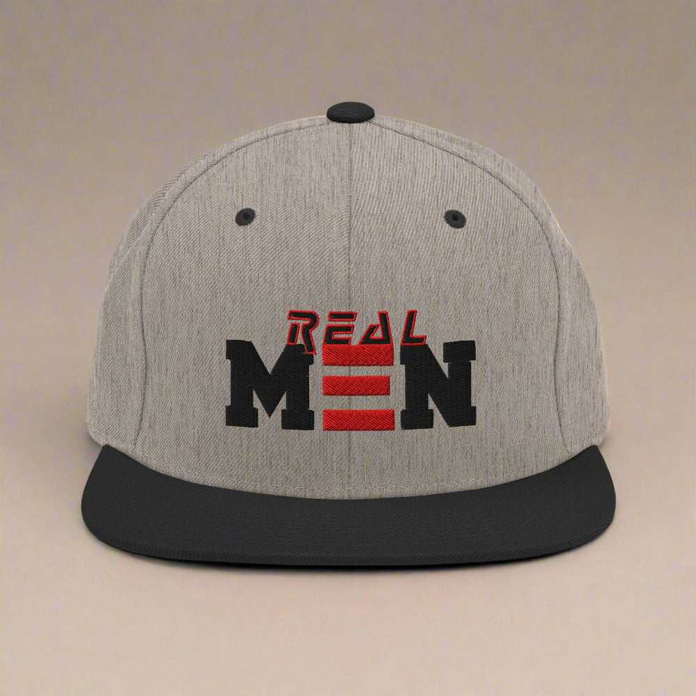 tan and black cap with 'REAL MEN' text on a white background