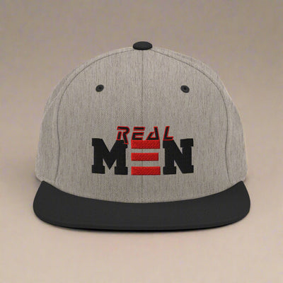 tan and black cap with 'REAL MEN' text on a white background