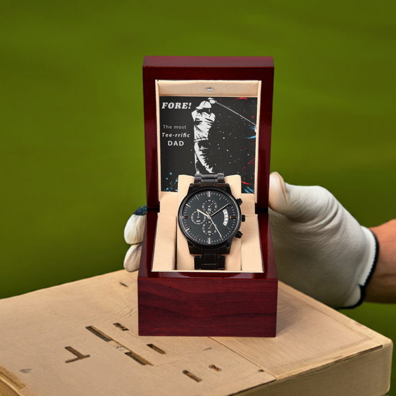 Black Chronograph Watch with Message Card & Mahogany Style Luxury Box