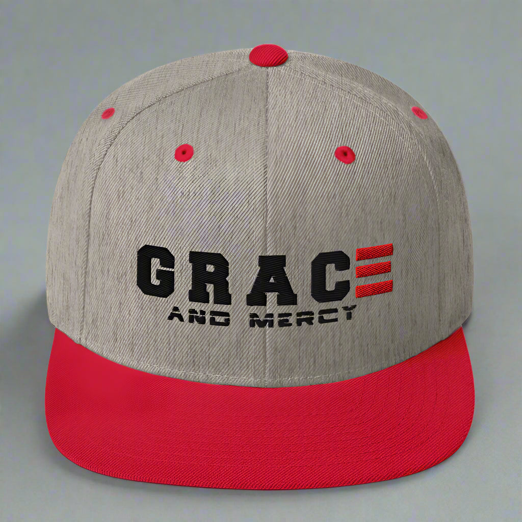 grace and mercy classic-snapback-heather-grey-red-front