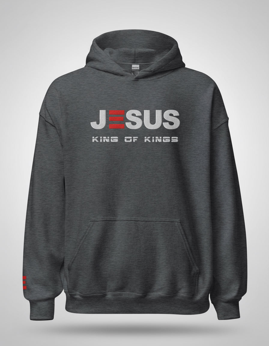 Gray hoodie with 'JESUS KING OF KINGS' text on a white background