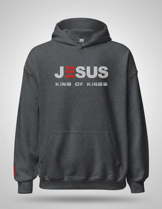 Gray hoodie with 'JESUS KING OF KINGS' text on a white background