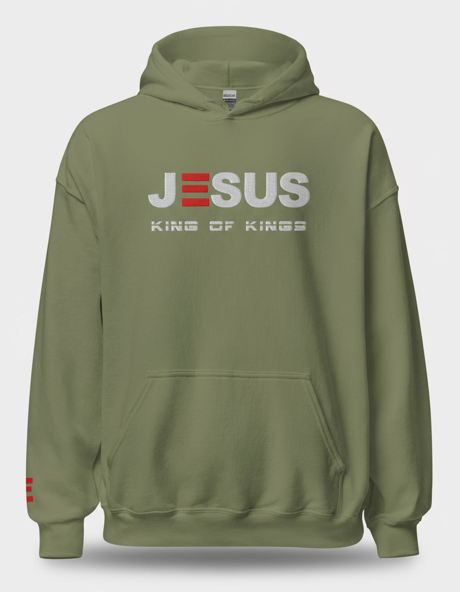Military Green hoodie with 'Jesus King of Kings' text on a white background