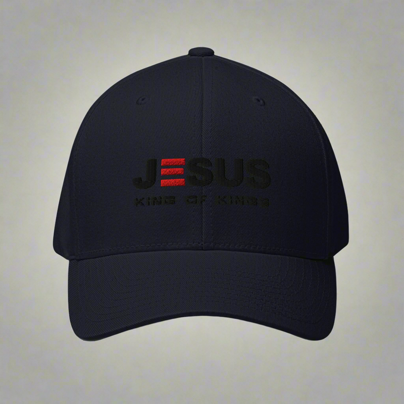 Black cap with 'Jesus King of Kings' text on a white background