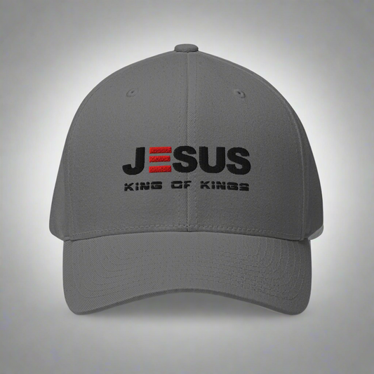 Gray cap with 'Jesus King of Kings' text on a white background