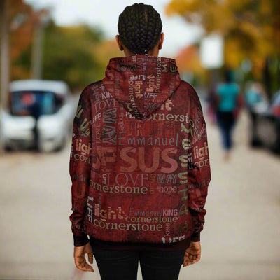 Jesus Passion Heavyweight Oversized Hoodie in brown with graphic design. Dark female back.