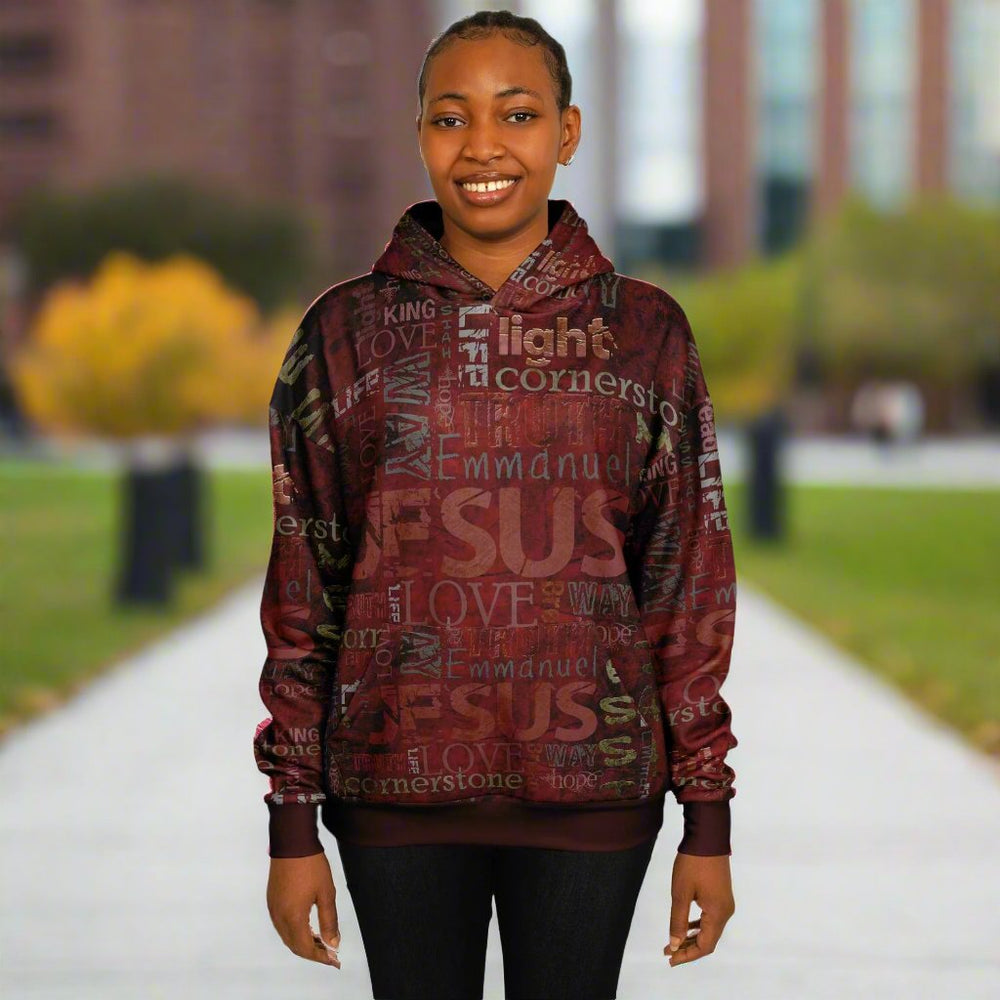 Jesus Passion Heavyweight Oversized Hoodie in brown with graphic design. Dark female front.